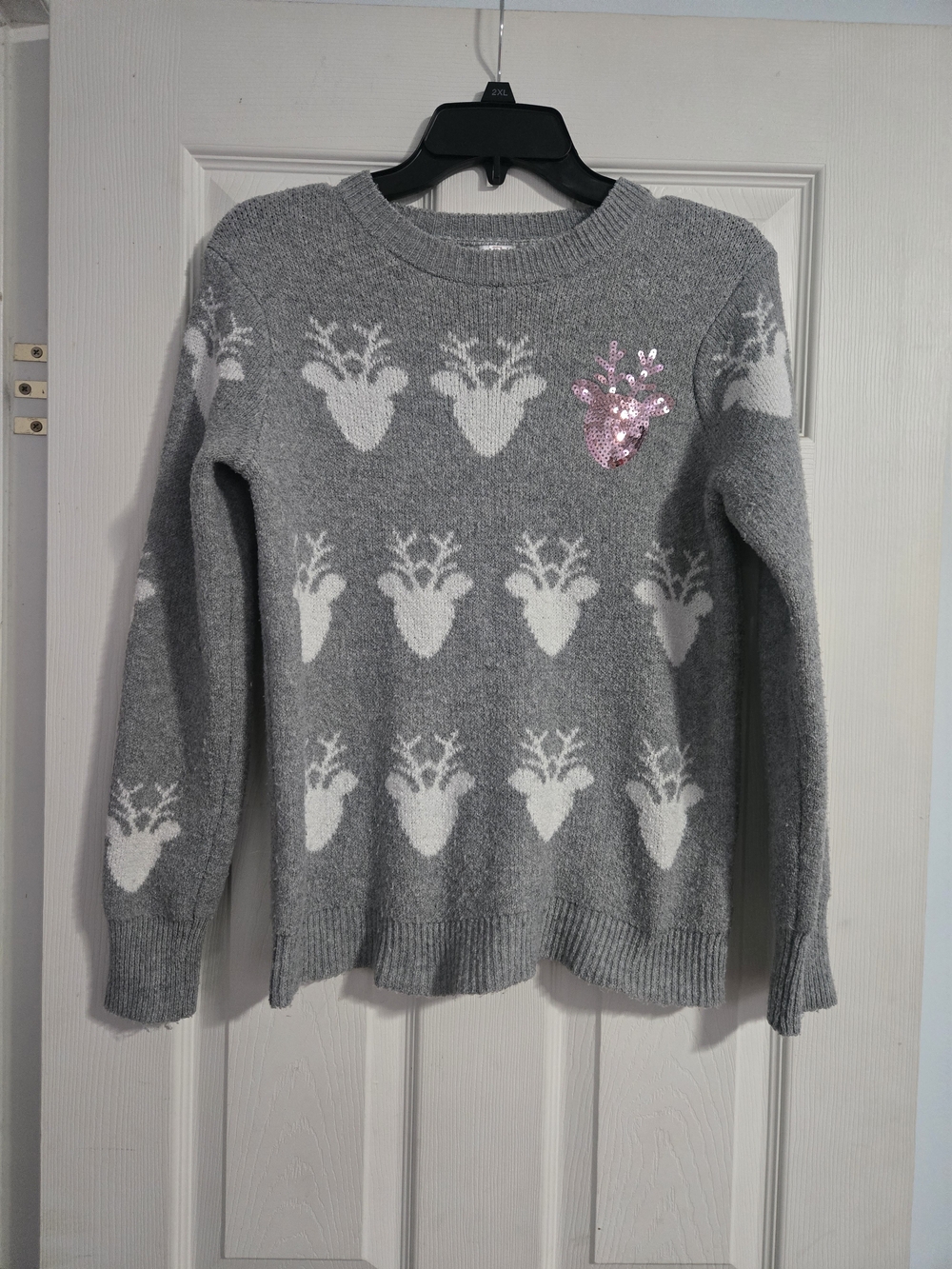 Holiday Time Grey Crewneck Sweater with White Reindeer and Pink Sequin Accent